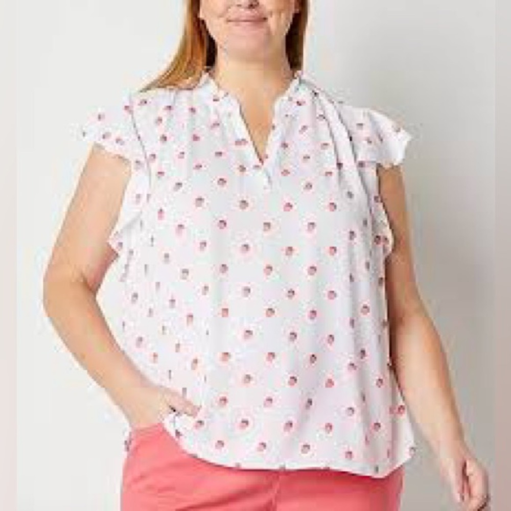 Liz Claiborne White and Pink Polka Dot Sheer Top Size Large EUC
